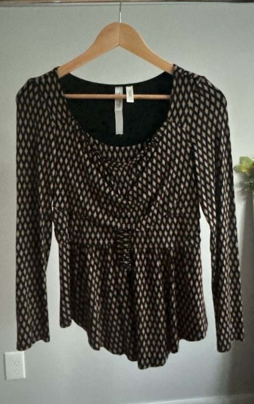 Anthropologie Meadow Rue Josalyn Diamond Print Tie Front Long Sleeve Peplum Top